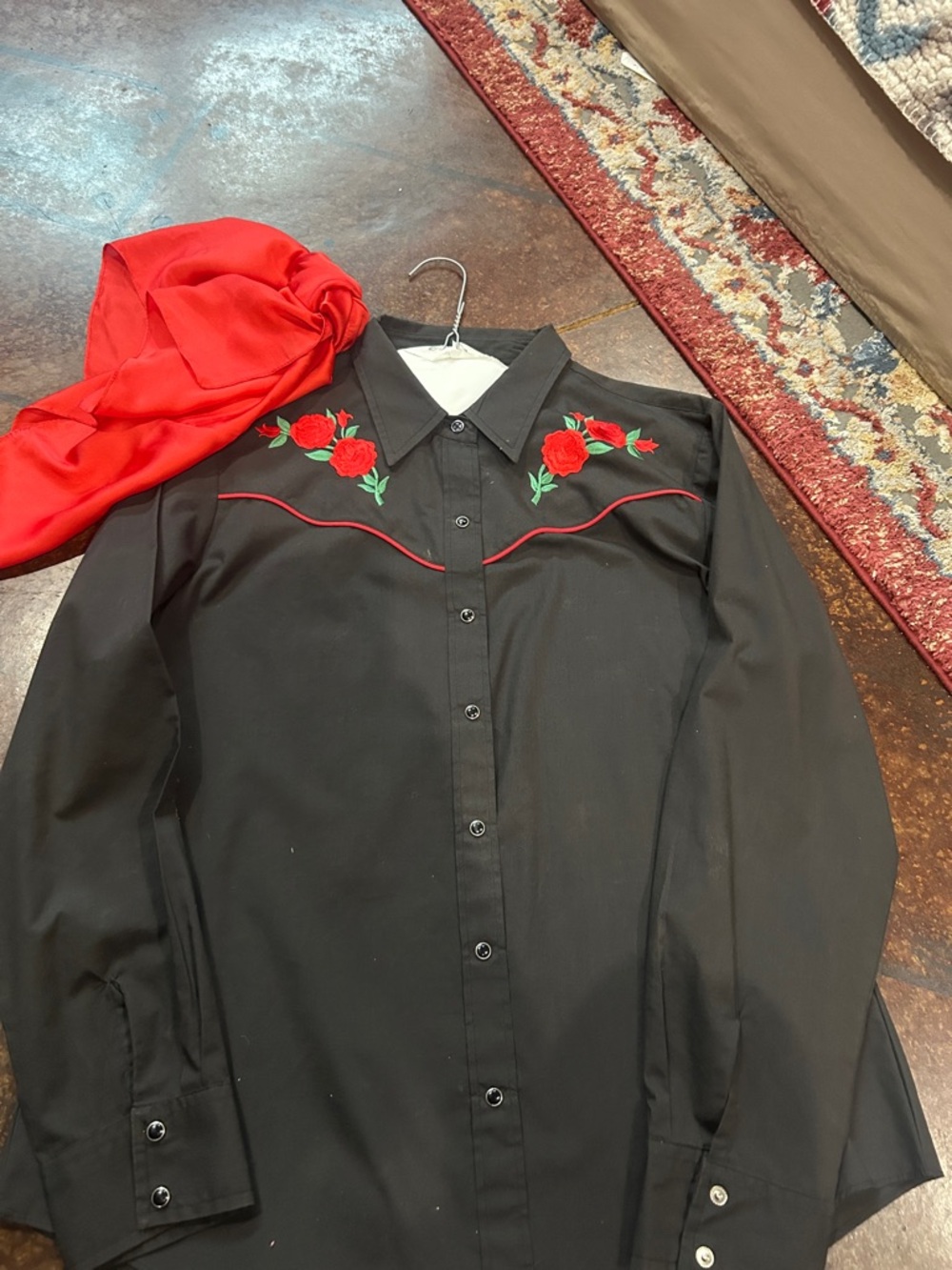 Black Western Shirt with Red Rose Embroidery. Includes scarf for Ranch Riding